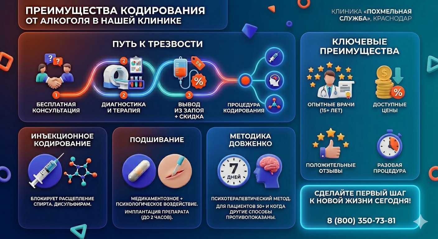 Инфографика о методах кодирования от алкоголя в Александровом Гае: инъекции, подшивание, метод Довженко. Преимущества клиники и этапы лечения.