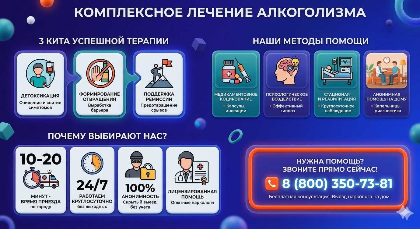 Инфографика о методах лечения алкоголизма в Александровом Гае: детоксикация, кодирование и анонимная помощь на дому от клиники Похмельная служба.