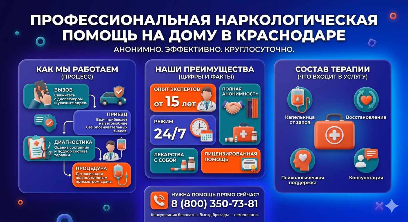 Инфографика о принципах лечения алкоголизма на дому в Александровом Гае: этапы вызова нарколога, преимущества анонимной детоксикации и состав медицинской помощи.